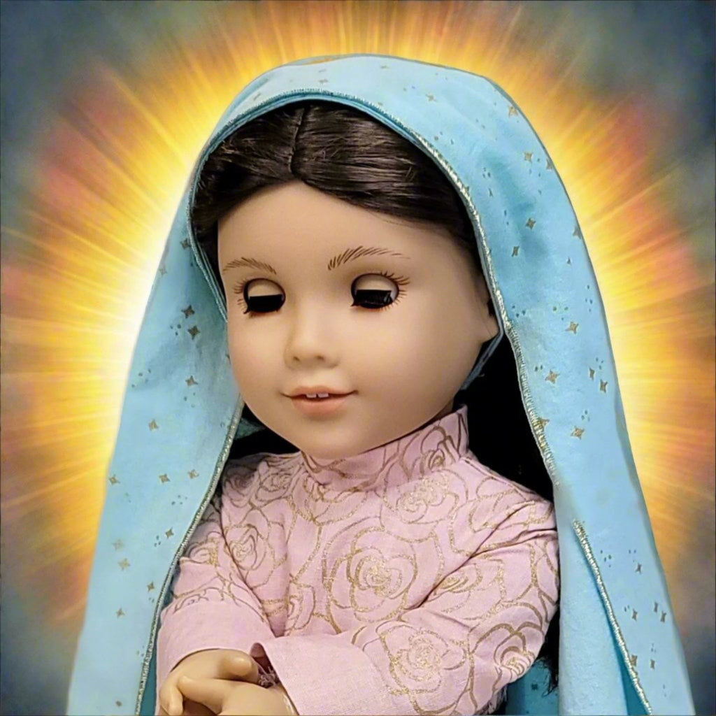 close up of 18-inch doll dressed as Our Lady of Guadalupe