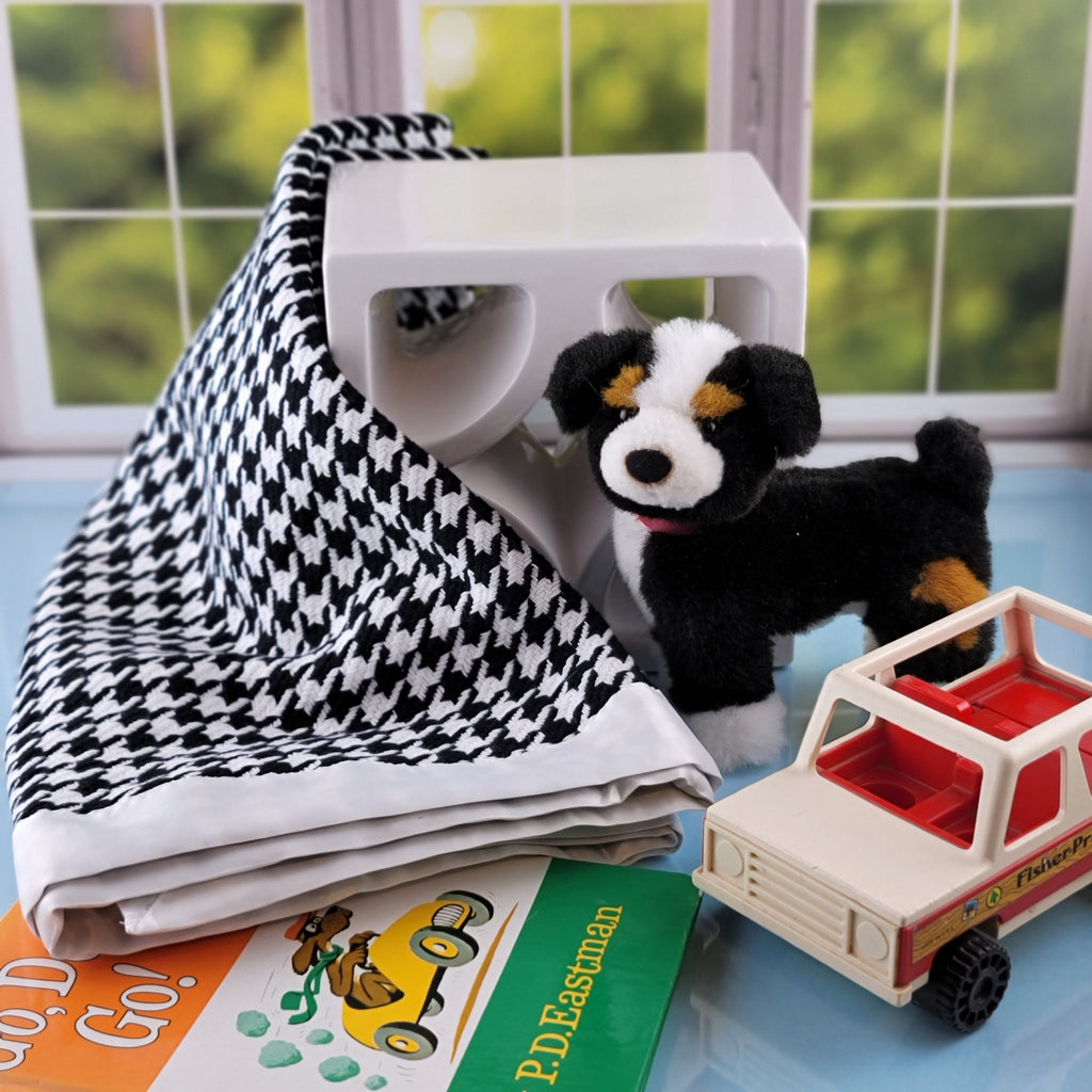 Houndstooth blanket with toy car, stuffed Australian Shepherd, and book
