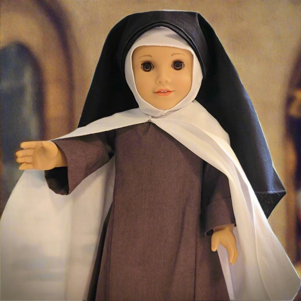 18-inch doll dressed as St. Therese of Lisieux with tunic, toque, scapular, mantle, and veil 